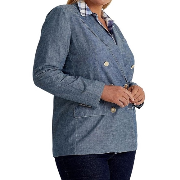 Lauren Ralph Lauren Woman Double Breasted Chambray Blazer Gold Blue 18W Plus - Picture 3 of 12